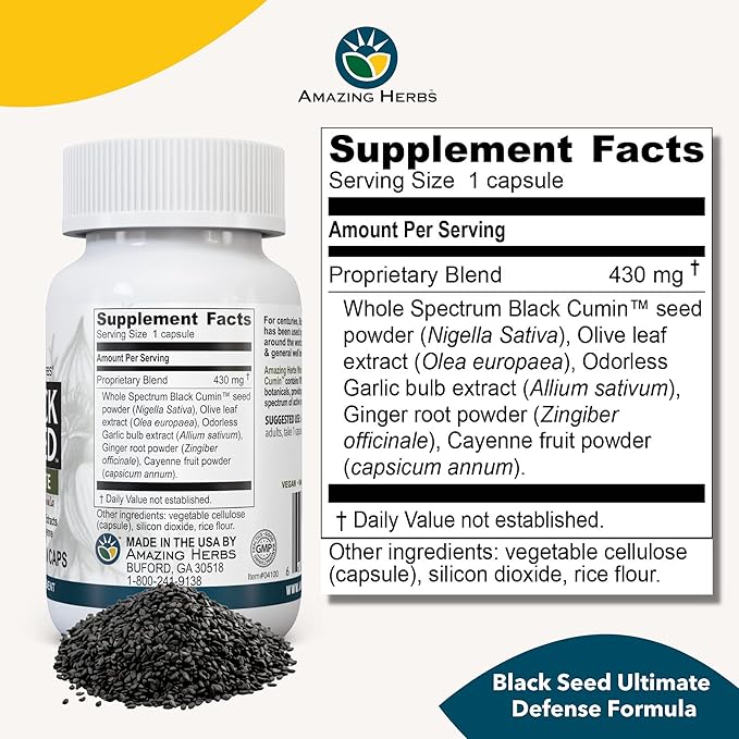 Amazing Herbs Whole Spectrum Black Seed Ultimate, Vegetarian Capsules - Olive Leaf & Garlic Extracts Plus Ginger & Cayenne, Gluten Free, Non GMO, Vegan - 100 Count (Pack of 2)
