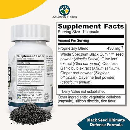 Amazing Herbs Whole Spectrum Black Seed Ultimate, Vegetarian Capsules - Olive Leaf & Garlic Extracts Plus Ginger & Cayenne, Gluten Free, Non GMO, Vegan - 100 Count (Pack of 2)