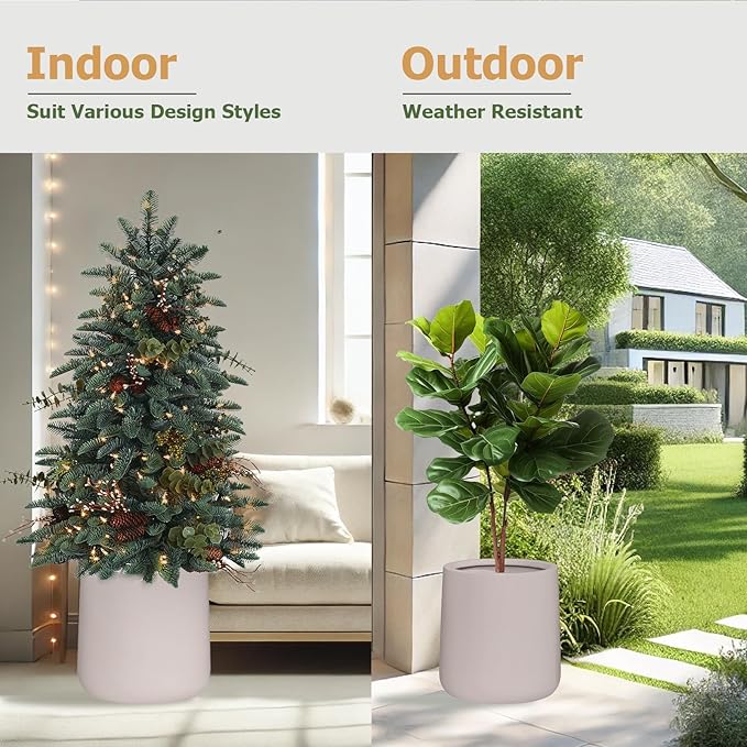 14" H x 13.7" D Conico Fiberstone Round Planter with Drainage Hole, Smooth Finishes, Weather Resistant for Indoor and Outdoor Use, Included 2 Extra Coco Mats (Taupe, 10.6" Pot Opening)