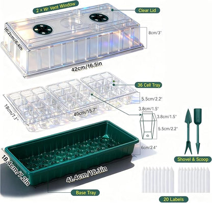 Seed Starter Tray with Grow Light, 2 Pack 72 Cells Seed Germination Kit with Humidity Dome, Adjustable Brightness Plant Germination Tray for Herb, Indoor Seedling Starter Trays for Gardening