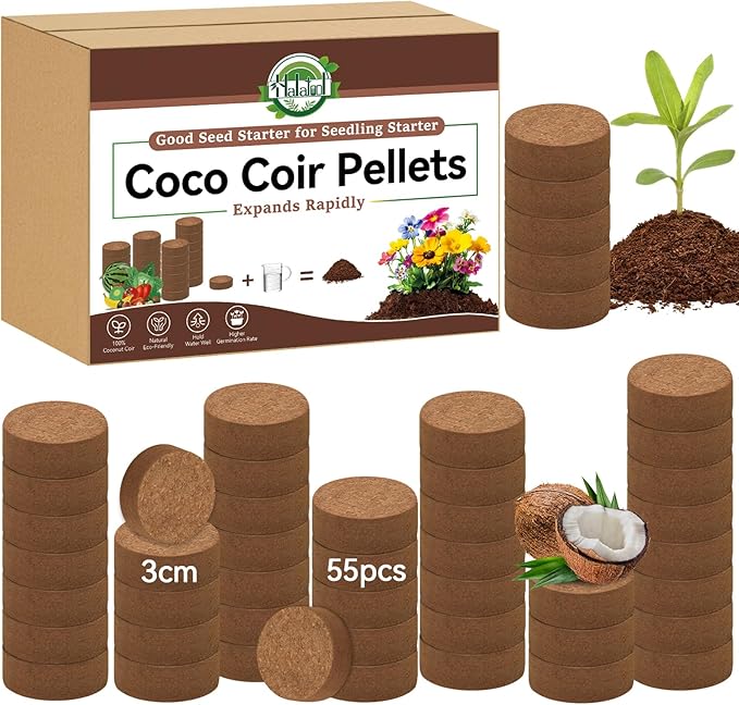 Halatool 55 Pcs 30mm Organic Coco Coir Pellets Seed Starter Soil, Compressed Coconut Coir Potting Soil Discs for Planting Vegetables, Fruits, Flowers