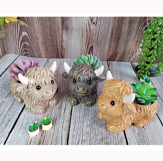Resin Highland Cow Figurines Succulent Planters Cactus Pot Animal Flower Container Cute Scottish Highland Cow Decor Flower Pot Plants Holder Figurine Decor Calf Statues Gift for Cow Lovers (C, 1PCS)