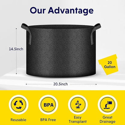 iPower 20 Gallon (Pack of 5) Plant Grow Bags Thickened Nonwoven Aeration Fabric Pots Heavy Duty Durable Container, Strap Handles for Garden, Black