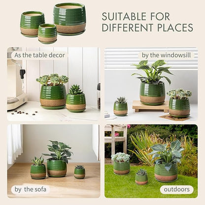 3 Piece Ceramic Small Planter for Indoor Plants - Succulent Plant Pots with Drainage Holes and Saucers - 3.4/4.7/6.1 inch Modern Decorative Small Flower Pots for Bamboo, Succulents and Herbs, Green