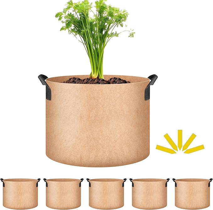 iPower 5-Pack 5 Gallon Plant Grow Bags Thickened Nonwoven Aeration Fabric Pots Heavy Duty Durable Container, Strap Handles for Garden, Tan New