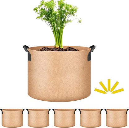 iPower 5-Pack 5 Gallon Plant Grow Bags Thickened Nonwoven Aeration Fabric Pots Heavy Duty Durable Container, Strap Handles for Garden, Tan New
