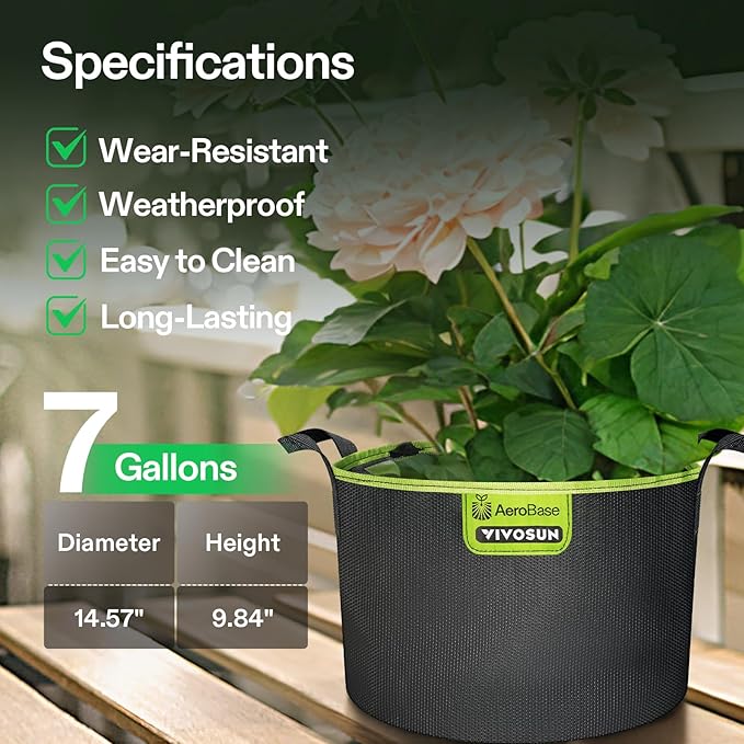 VIVOSUN 3-Pack 7-Gallon AeroBase Grow Bags, Durable Mesh Fabric Plant Container with Breathable Base and Sturdy Handles, Black