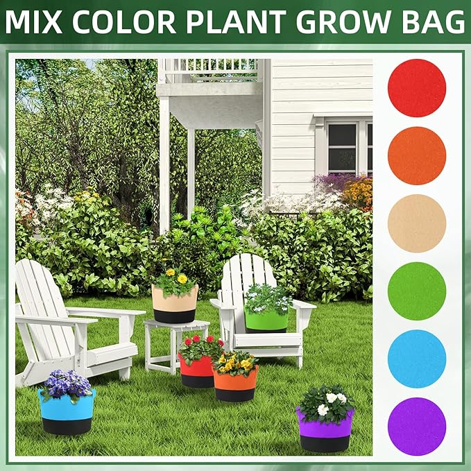 12 Pack 5 Gallon Grow Bags Colorful Fabric Plant Pots with Handles 5 Gal Garden Grow Bags Fabric Grow Pots Plant Growing Bags Vegetable Planting Bags for Garden and Outdoor (5 Gallon)