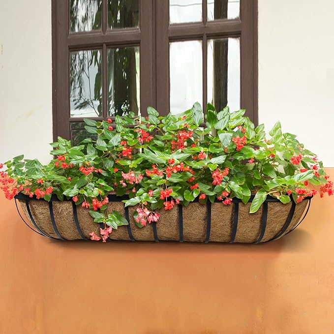 36 x 7 x 8 inches Outdoor Black Metal Planter Box, 2 Pieces with Coconut Liner, Large Hanging Window Flower Boxes for Indoor Outdoor Deck Balcony Rail Fence Porch