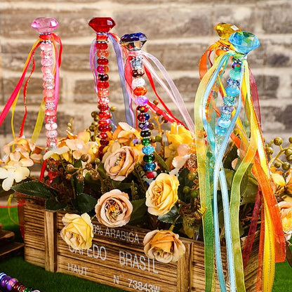 Tigeen 236 Pcs Garden Stake DIY Fairy Wand Plant Stake with 12 Colorful Crystal Stopper Top 12 Threaded Rod with 200 Large Hole Bead for Spring Summer Holiday Outdoor Decorations(Colorful Ribbons)