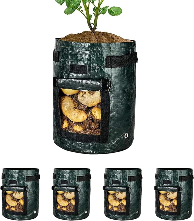 iPower Potato Grow Bags with Flap 10 Gallon 4 Pack, Garden Planting Pot with Durable Handle and Harvest Window, Thickened PE Container for Potato, Tomato, Carrot, Vegetable and Fruits