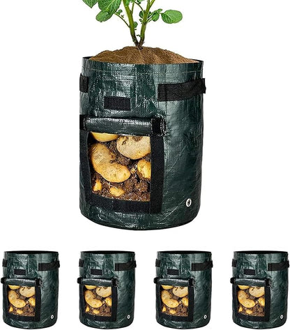iPower Potato Grow Bags with Flap 10 Gallon 4 Pack, Garden Planting Pot with Durable Handle and Harvest Window, Thickened PE Container for Potato, Tomato, Carrot, Vegetable and Fruits