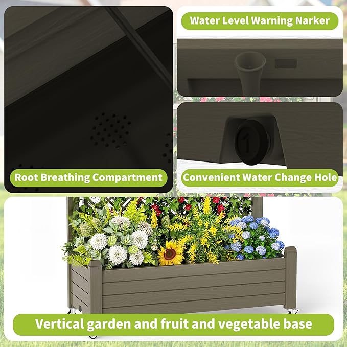 Elevated Raised Garden Bed with Trellis,Outdoor Large Resin Patio Planter Box with Lockable Wheels Drain Plug,Water Monitor for Plants Vegetables Flowers Fruits (Grey, 43.43 * 18.27 * 64.29)
