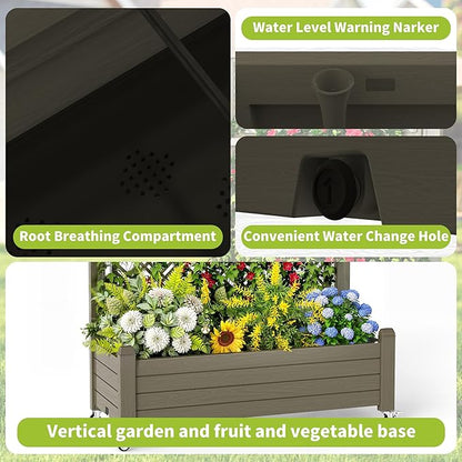 Raised Garden Bed with Trellis, 21 Gallon Self Watering Planter Box with Lockable Wheels & Drainage Holes for Climbing Plants Vegetables Flowers, Anti-Rust Resin for Backyard Patio (Grey)