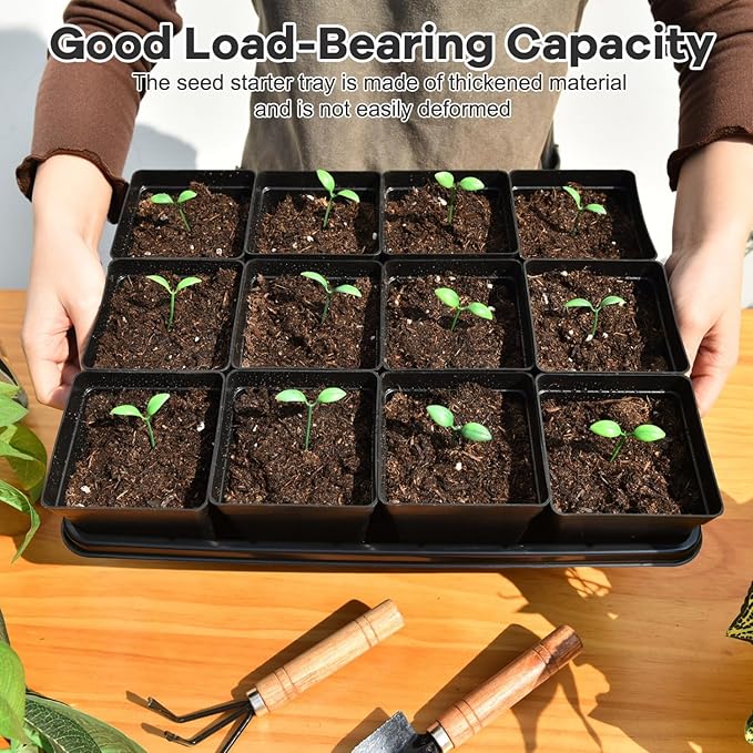 June Fox 60 Pcs Square Nursery Pots for Plants, 5 Pcs Seed Starter Tray Kit, 3.3 Inch Small Seedling Pots with Drain Holes, 60 Plant Labels (Black)