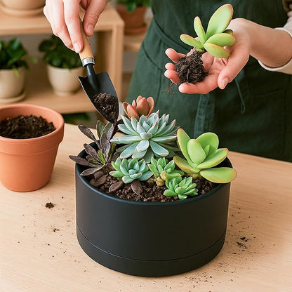 D'vine Dev 8 Inch Plastic Shallow Planter, Large Round Succulent Plant Pot with Drainage Hole and Sauce, Decorative Bonsai Pot for Indoor Plants, Black, 76-Z-B-1