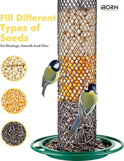 iBorn Peanut Bird Feeder,Sunflower Seed Feeder,13.5 Inch Metal Mesh Tube Bird Feeders for Outdoors Hanging,Squirrel Proof Birdfeeders for Peanut with 17cm Weatherproof Roof & Tray,2 LB Capacity,Green