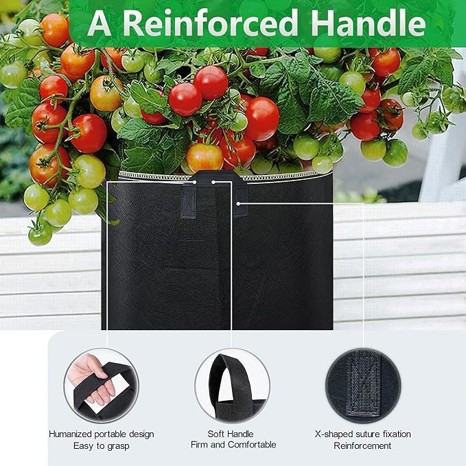 LINERY 10-Pack 15 Gallon Grow Bag Planting Black Heavy Duty Thickened Grow Bag with Handles Non-Woven Fabric Plant Pots (10-Pack 15 Gallon)