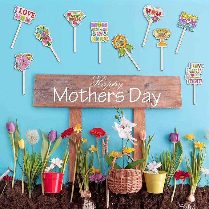 15 Pcs Mother's Day Crafts Mom Plant Stakes Craft Kits Color Your Own Best Mom Plant Labels Gift DIY Unfinished Cutouts Present Tags for Mother's Day, Gardeners, Funny Gardening Gifts