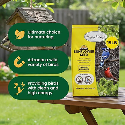 Happy Wings Black Oil Sunflower Seeds Wild Bird Food- 15 Pounds | No Grow Seed | Bird Seed for Wild Birds