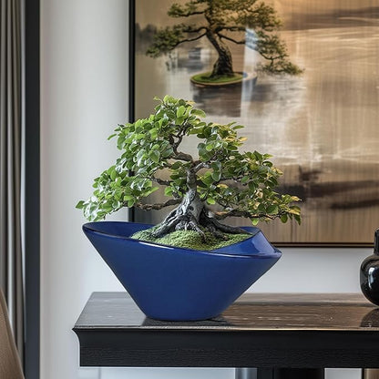 Bonsai Tree Pot 13 Inch - Ceramic Succulent Pots Large Bonsai Planter for Indoor Outdoor Plants Decorative Plant Pot with Drainage Hole Flower Pot for House Garden Room Home Decor Blue