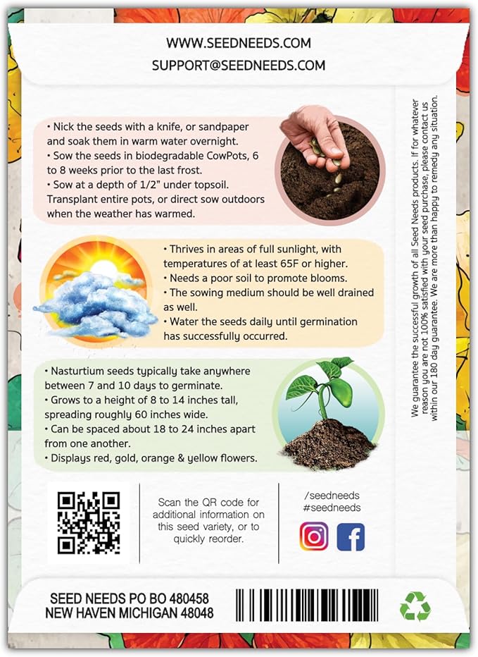 Seed Needs Nasturtium Seeds for Planting Double Gleam Nasturtiums - Non-GMO Heirloom & Untreated Flower Seed to Plant and Grow a Home Grown Edible Wildflower Garden
