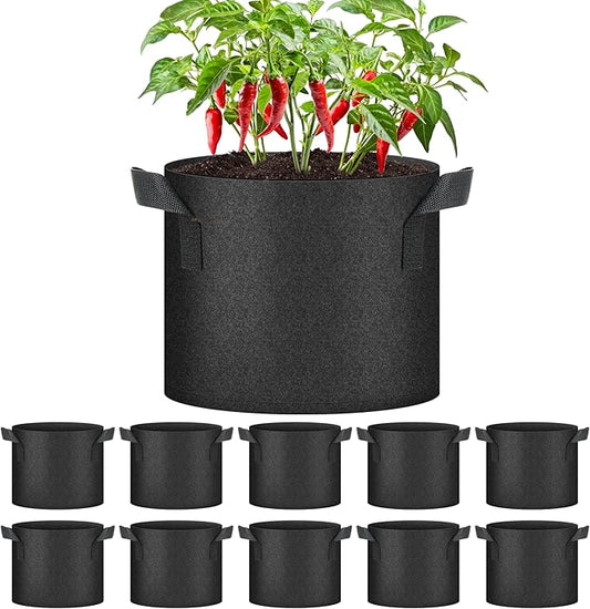 HealSmart 5 Gallon 10 Pack Plant Grow Bags, Tomoato Planter Pots with Handles, Aeration Nonwoven Fabric, Heavy Duty Gardening Planter for Vegetable, Herbs and Flowers, Black