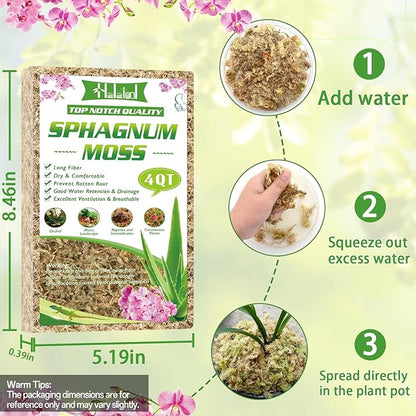 Halatool 3.6OZ Premium Sphagnum Moss for Indoor Plants, 4 QT Orchid Moss Potting Mix - Natural Sphagnum Moss for Succulents, Carnivorous(Sarracenia), Monstera, Terrarium Substrate & Reptile Habitats