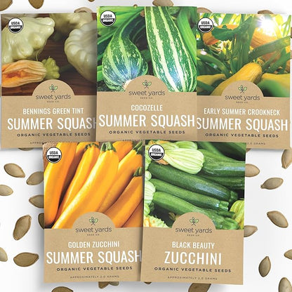 Organic Summer Squash Seeds Variety Pack - 5 Individual Packs - 2026 Season - Black Beauty, Cocozelle, Golden Zucchini and More! for Indoor & Outdoor Planting (Non-GMO, Certified Organic)