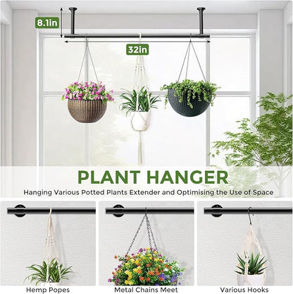 2 Pack Window Plant Hanger Indoor, 32 Inch Heavy Duty Plant Hanging Rod, 1 Inch Metal Hanging Plant Holder for Window Wall, Matte Black Round Flange Base, Pot Not Included