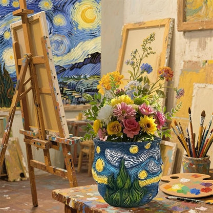 Starry Night Planter Pots Van Gogh Inspired Acolorful Art Flower Pot with Artistic Brushstroke Design Resin Funky Vase for Home Balcony Decoration