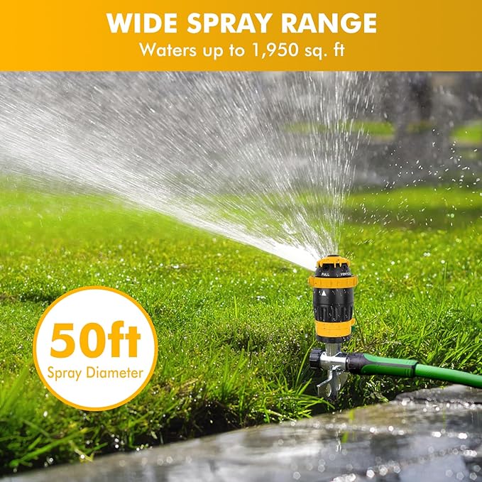 [2 Pack] RESTMO Gear Drive Sprinkler with Metal Spike Base, 5-Pattern Heavy Duty Gardening Watering System, Multi-Adjustable Lawn Sprinkle for Garden Plant, Flower Bed and Large Yard Area, Yellow