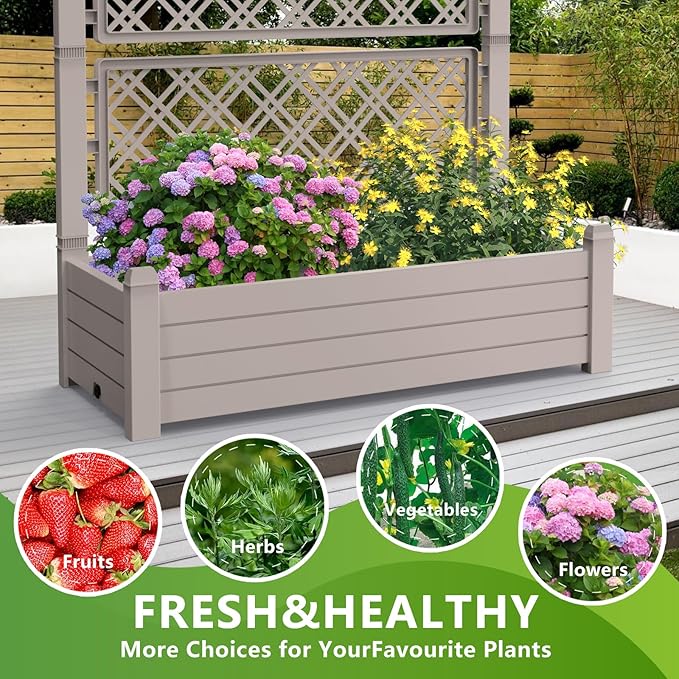 Elevated Raised Garden Bed,Outdoor Large Resin Patio Planter Box Stand Divisible with Drain Plug,Water Monitor for Plants Vegetables Flowers Fruits(Grey)