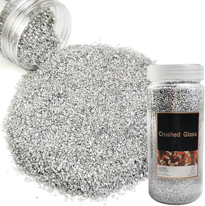 HappyFiller 1.3 LB Fine Silver Crushed Glass Sand 1-2mm,Broken Pieces Terrarium Mini Stone for Resin Arts,Nail Glitter,Craft Paint Coaster and Other Project,Plant Soil Cover,Vase Filler,Candle Holder