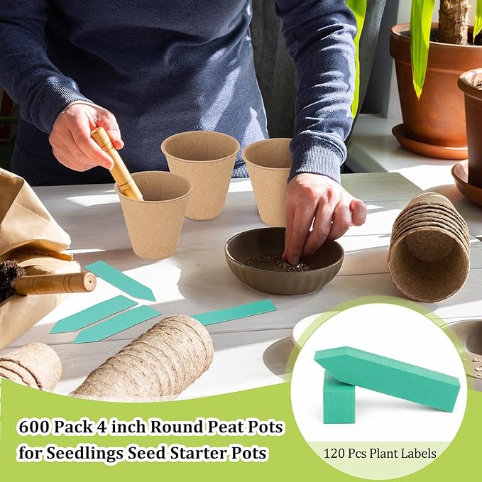 600 Pack 4" Peat Pots Round Biodegrade Plant Starter Seed Nursery Pots with 120 Labels for Garden Germination