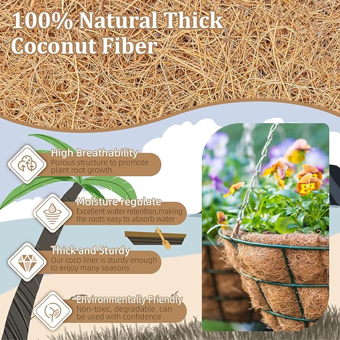 Legigo 4 Pack 12 Inch Hanging Basket Coco Liners Replacement, 100% Natural Round Coconut Coco Fiber Planter Basket Liners for Hanging Basket Flowers/Vegetables