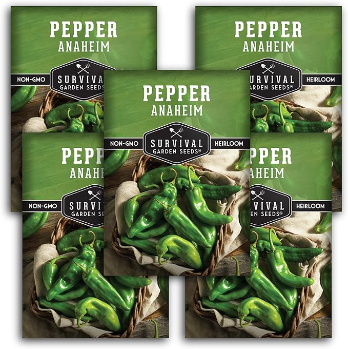 Anaheim Chili Pepper Seeds for Planting – Mild Green New Mexico Variety for Roasting and Cooking – Heirloom Non-GMO Open-Pollinated – Survival Garden Seeds (5 Pack)
