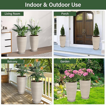 Set of 2 Tall Planter, 21 inch Large Plastic Planter with Drain Hole & Saucers, Large Outdoor Planters for Porch, Garden, Patio, Balcony(Oat Color)