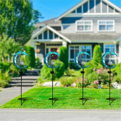 Solar Garden Lights Outdoor Waterproof Pathway Lights Moon Lantern with Crackle Glass Glass Globe Led Warm Light for Walkway,Backyard,Patio,Lawn,Pathway Decoration（Blue）