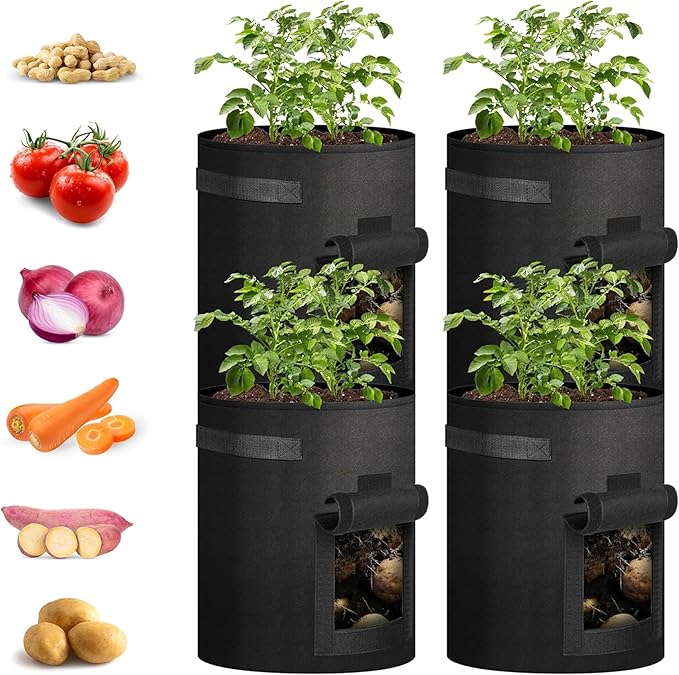 iPower Potato Grow Bags with Flap 10 Gallon 4 Pack, Garden Planting Pot with Durable Handle and Harvest Window, Thickened Nonwoven Fabric Container for Potato, Tomato, Carrot, Vegetable and Fruits