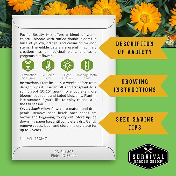 Calendula Seeds for Planting – 4 Pack Mix | Pacific Beauty, Apricot Beauty, Balls Orange, Greenheart – Heirloom Pot Marigold – Medicinal Herb, Pollinator Flowers – Survival Garden Seeds