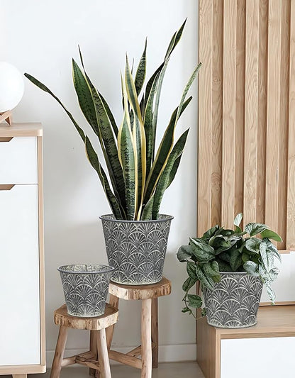 Silver Metal Rustic Flower Pots - 3 PCS Galvanized Planters Rustproof Durable Metal Buckets Plant Pots Vintage-Inspired Charm Rustic for Farmhouse Garden Herb Indoor Outdoor Decor(Dia.5.5"/6.5"/7.1")