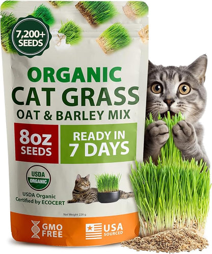 HOME GROWN Organic Cat Grass Seeds Pack 8oz – 7200 Non GMO Heirloom Oat & Barley Grass Seeds for Indoor Cats – High Germination Hairball Relief, Pet Grass Ready in 7Days