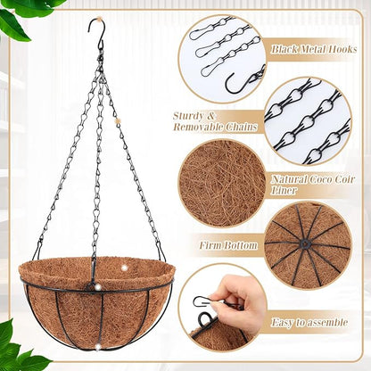 Dandat 12 Pack 14 Inch Metal Hanging Planter Basket with Coconut Coir Liner Metal Wire Plant Holder Chain Watering Outdoor Hanging Pots Flower Pot Hanger for Porch Indoor Outdoor Garden Decorations