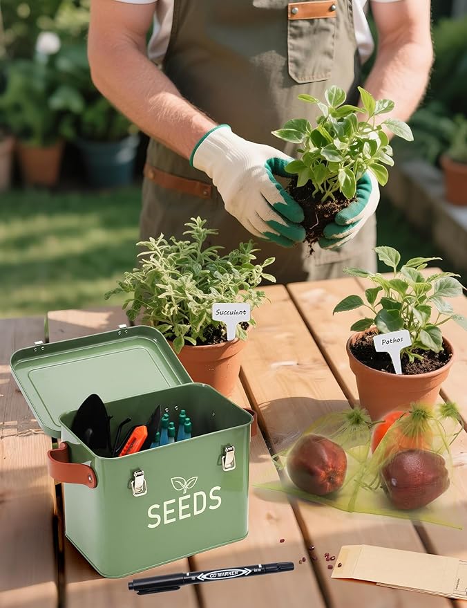 Seed Storage Organizer, Metal Seed Saving Box with Leather Handles and Safety Locks, Seed Packet Container with 10 Fruits Protection Bags, 30 Plant Labels, 20 Seed Envelopes, 1 Marker Pen