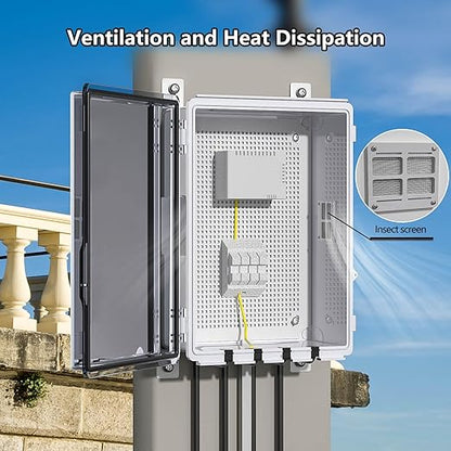 ABS Electrical Junction Box, Ventilated Design, Cable Grommets, IP65 Waterproof Enclosure, Indoor/Outdoor Use with Mounting Panel.(Clear Cover, 15"x11"x5.1")