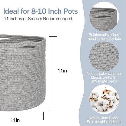 Cotton Rope Plant Basket, Woven Baskets Planter for 11 inch Pot, Round Indoor Tree Pot Cover, Storage Bin Organizer, Modern Basket for Plants and Home Decor, 12.5”X12.5”, Gray