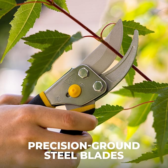 Woodland Tools Co. Bypass Pruning Shears for Gardening – 5/8" Cut Capacity, High Carbon Steel Blade with Non-Stick Coating, Soft Grip, Steel Handle, Hand Pruner for Plants, Flowers, and Shrubs