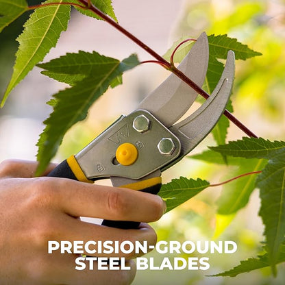Woodland Tools Co. Bypass Pruning Shears for Gardening – 5/8" Cut Capacity, High Carbon Steel Blade with Non-Stick Coating, Soft Grip, Steel Handle, Hand Pruner for Plants, Flowers, and Shrubs