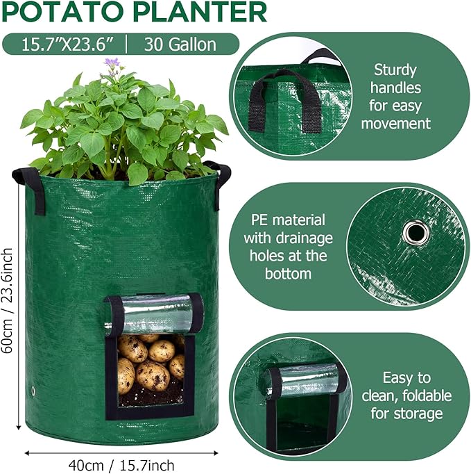 SATINIOR 2 Pack 30 Gallon Potato Grow Bags with Transparent Flap and Handles Green Durable PE Pots Large Plant Grow Bags for Onion Fruits Tomato Carrot